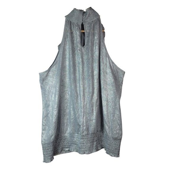 Ashley Stewart Metallic Sleeveless Halter Top Silver 18W Ruffle Smocked Button - Picture 5 of 8